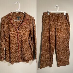 Lauren Ralph Lauren Cheetah Print Button Down Wide Leg Pajama Set Size Large